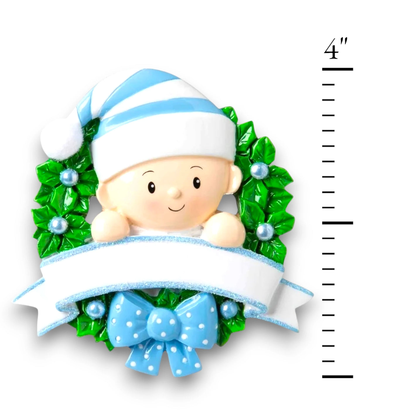 Personalized Baby in Wreath Light Blue Christmas Ornament with customizable name and year, featuring a baby boy in a blue hat surrounded by holly and a ribbon.