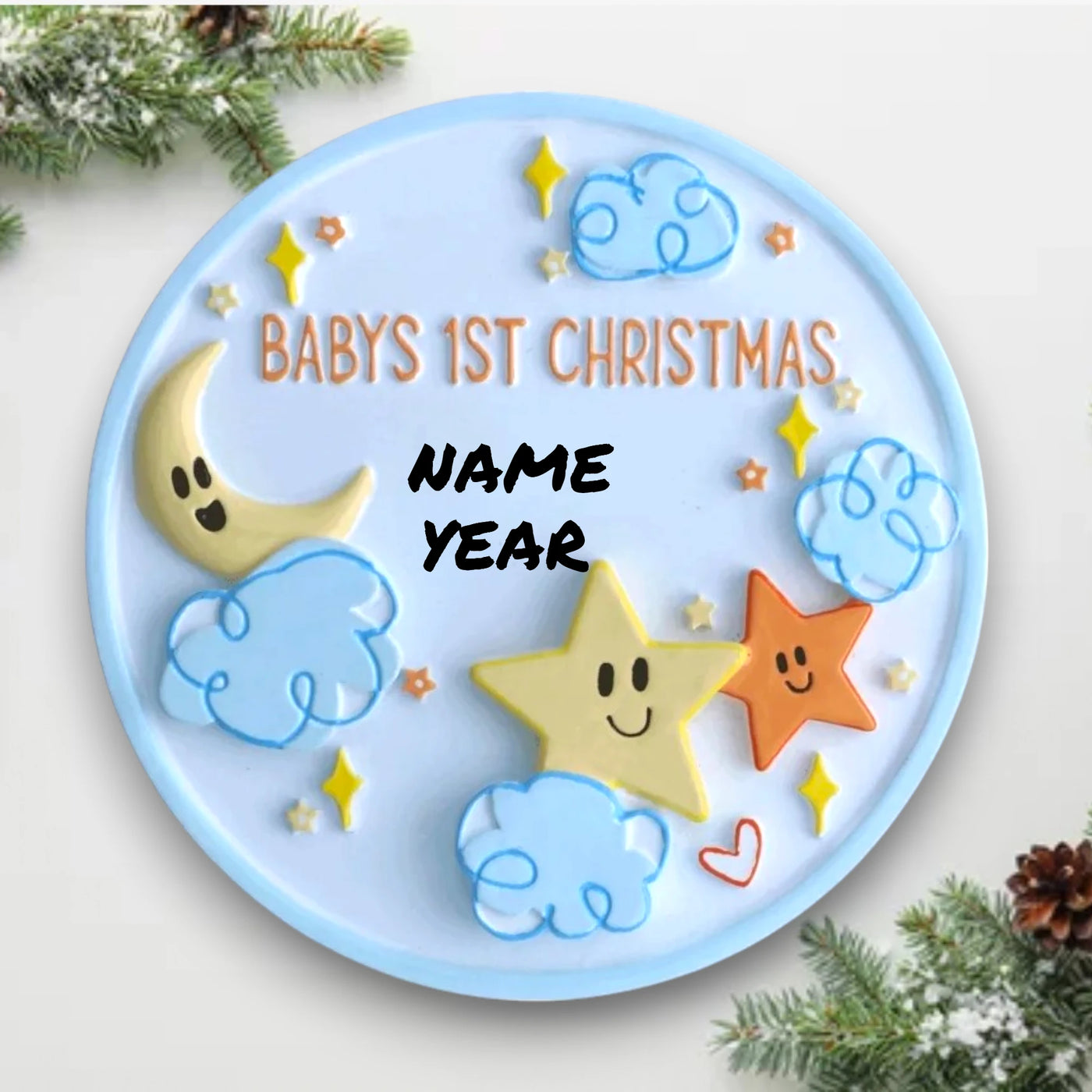  Personalized Baby’s 1st Christmas ornament featuring stars, clouds, and a crescent moon, customizable with name and year.