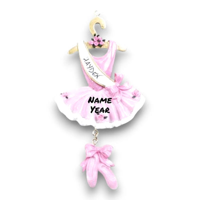 Personalized Ballet Christmas Ornament featuring a pink tutu, dangling ballet slippers, and customizable sash with name and year.