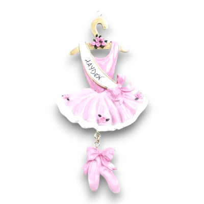 Personalized Ballet Christmas Ornament featuring a pink tutu, dangling ballet slippers, and customizable sash with name and year.