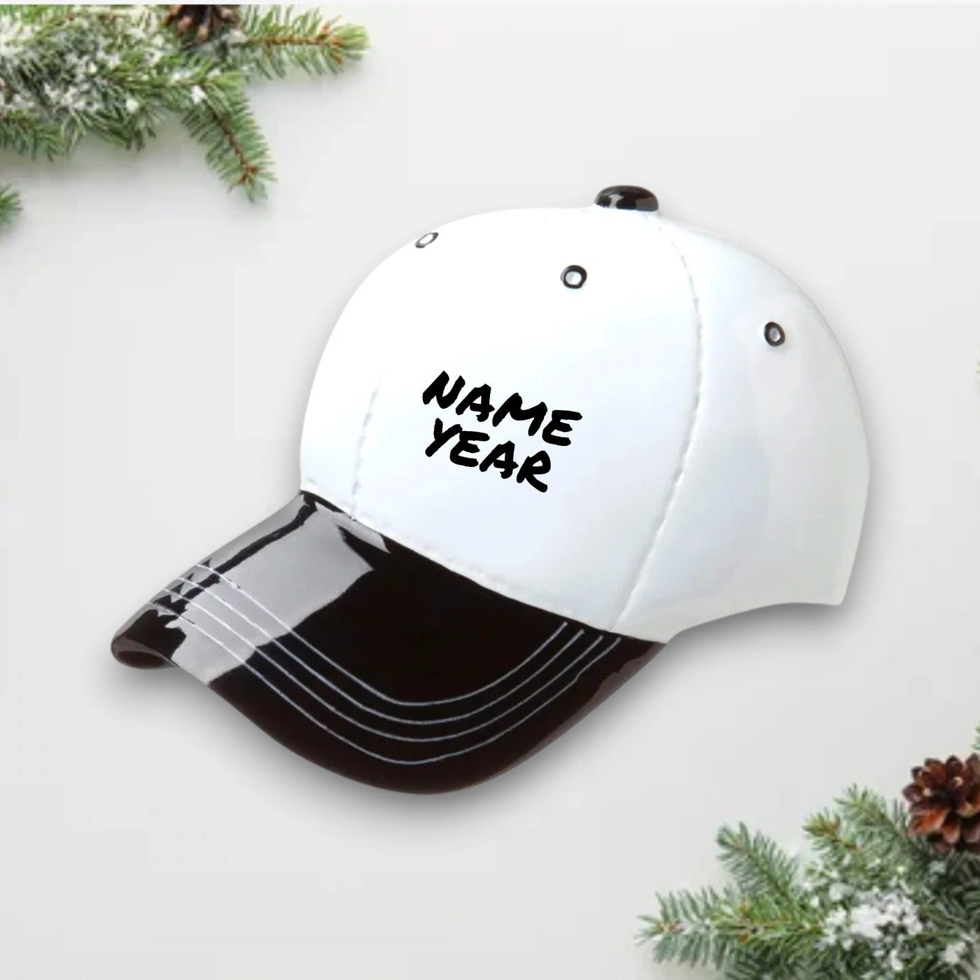 Personalized Baseball Hat Black Christmas Ornament with customizable name and year, featuring a black and white design ideal for sports enthusiasts.
