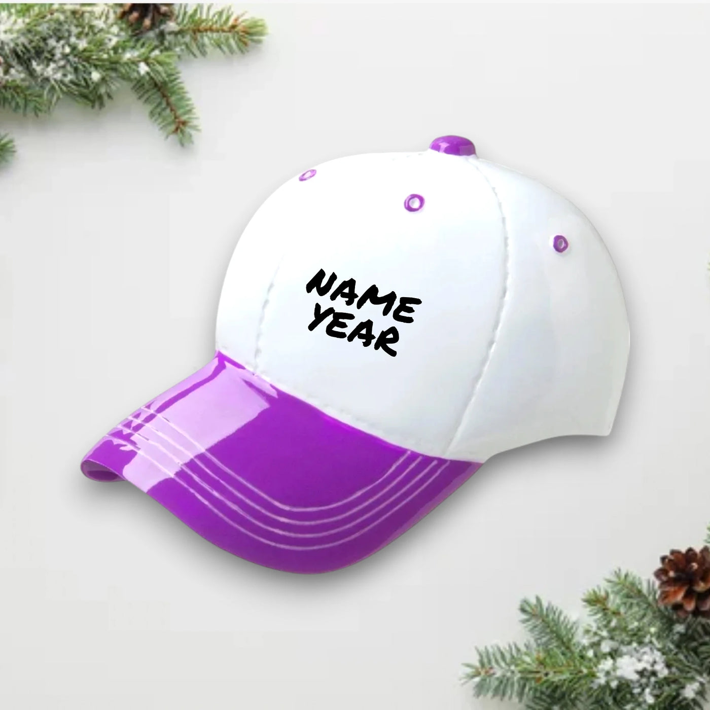  Personalized Baseball Hat Christmas Ornament in purple with customizable name and year, perfect for baseball fans and players.
