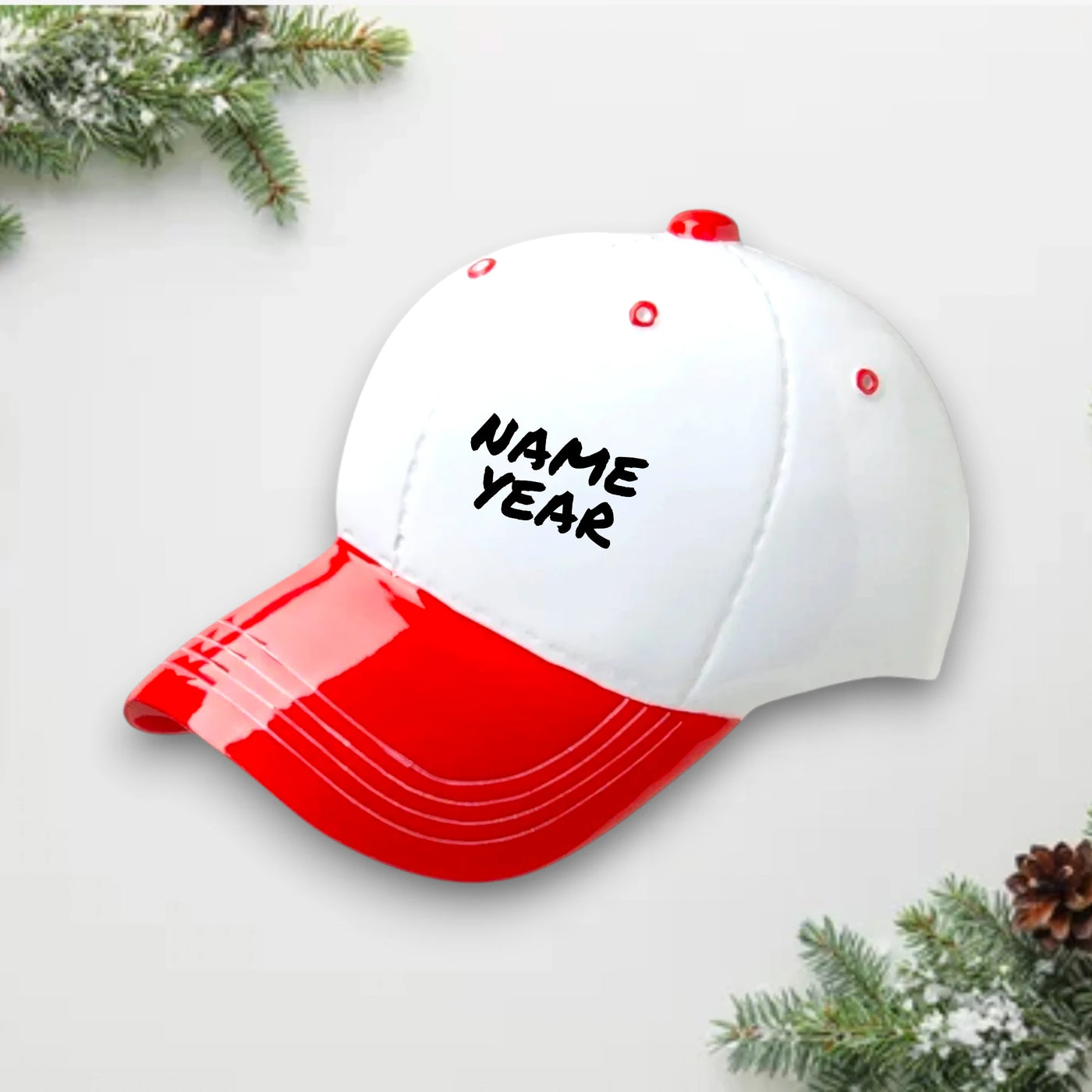 Baseball Hat Red Personalized Christmas Ornament with customizable name and year, featuring a red and white design perfect for sports enthusiasts.
