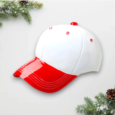 Baseball Hat Red Personalized Christmas Ornament with customizable name and year, featuring a red and white design perfect for sports enthusiasts.
