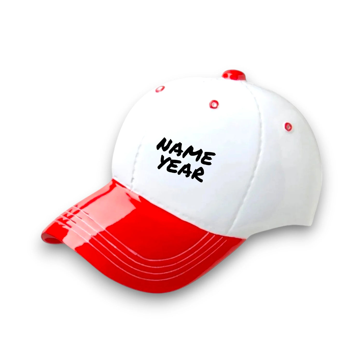 Baseball Hat Red Personalized Christmas Ornament with customizable name and year, featuring a red and white design perfect for sports enthusiasts.
