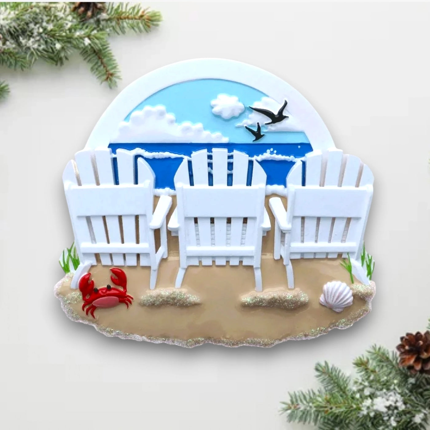 Personalized Beach Chairs Family of 4 Christmas Ornament with four white Adirondack chairs, ocean backdrop, and customizable names and year.