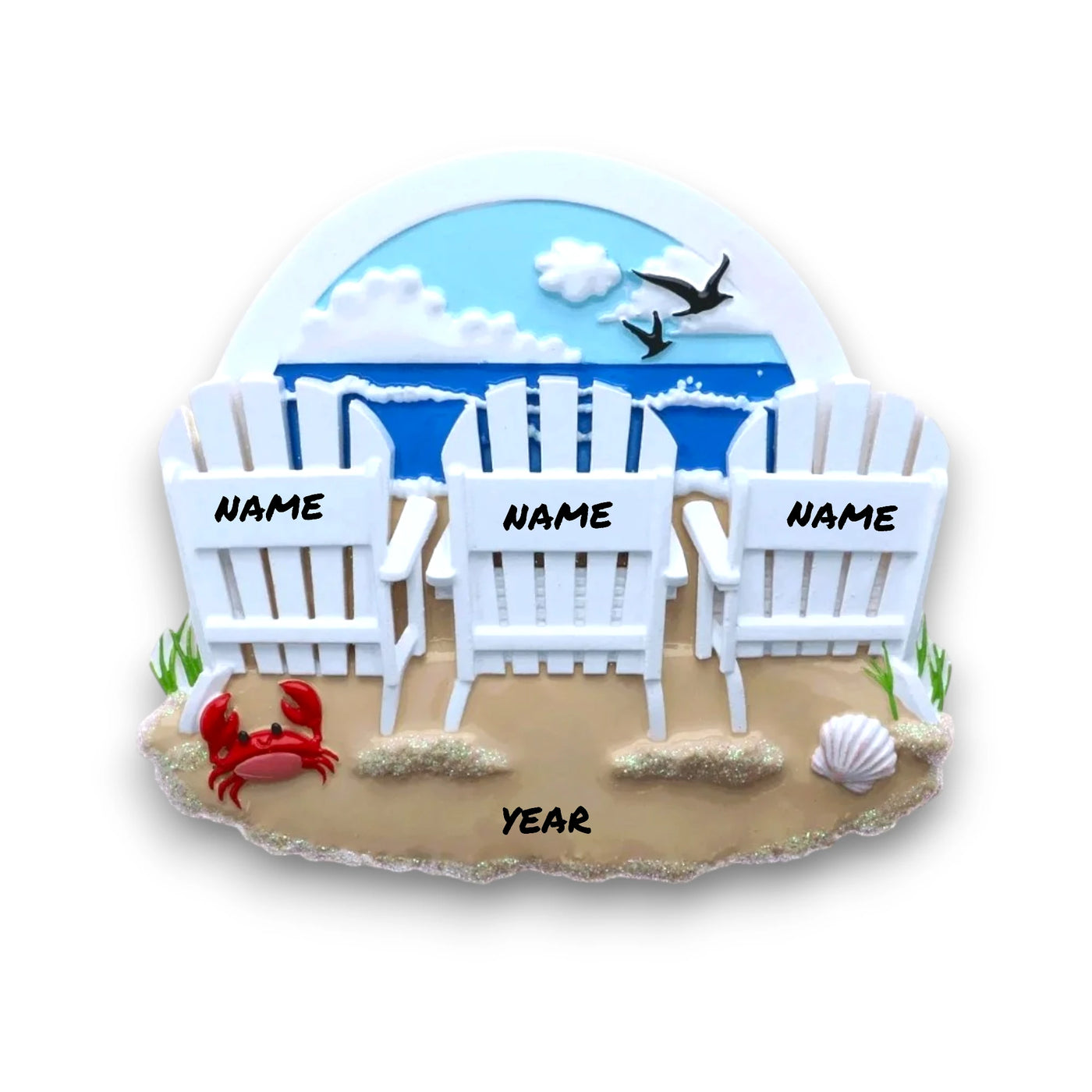 Personalized Beach Chairs Family of 2 Christmas Ornament with two white Adirondack chairs, ocean backdrop, and customizable names and year.