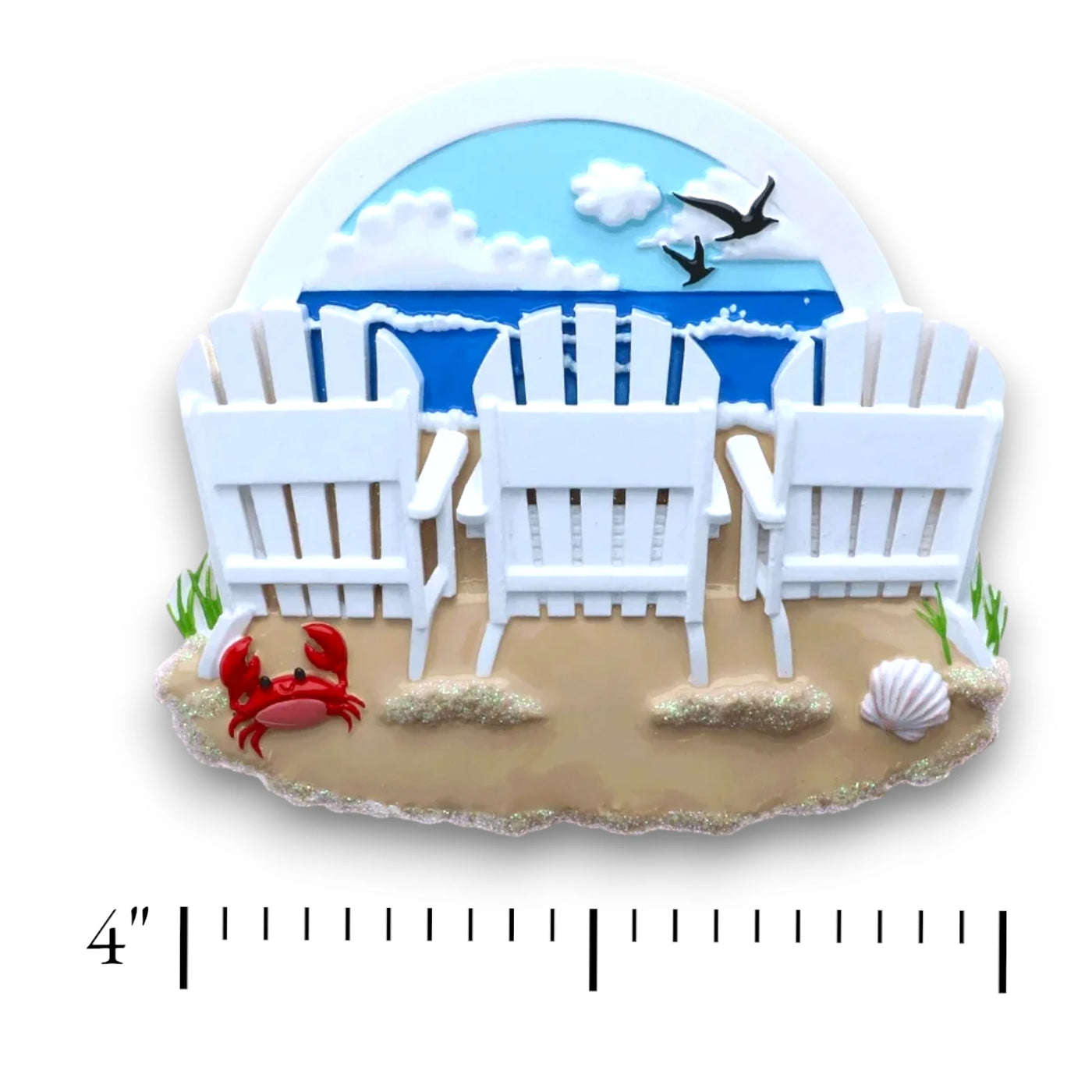 Personalized Beach Chairs Family of 2 Christmas Ornament with two white Adirondack chairs, ocean backdrop, and customizable names and year.