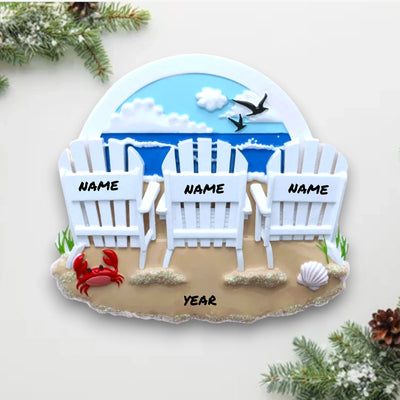 Personalized Beach Chairs Family of 2 Christmas Ornament with two white Adirondack chairs, ocean backdrop, and customizable names and year.