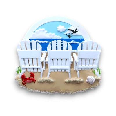  Personalized family of 3 beach chairs ornament with ocean waves and seagulls in the background, customizable with names and year.
