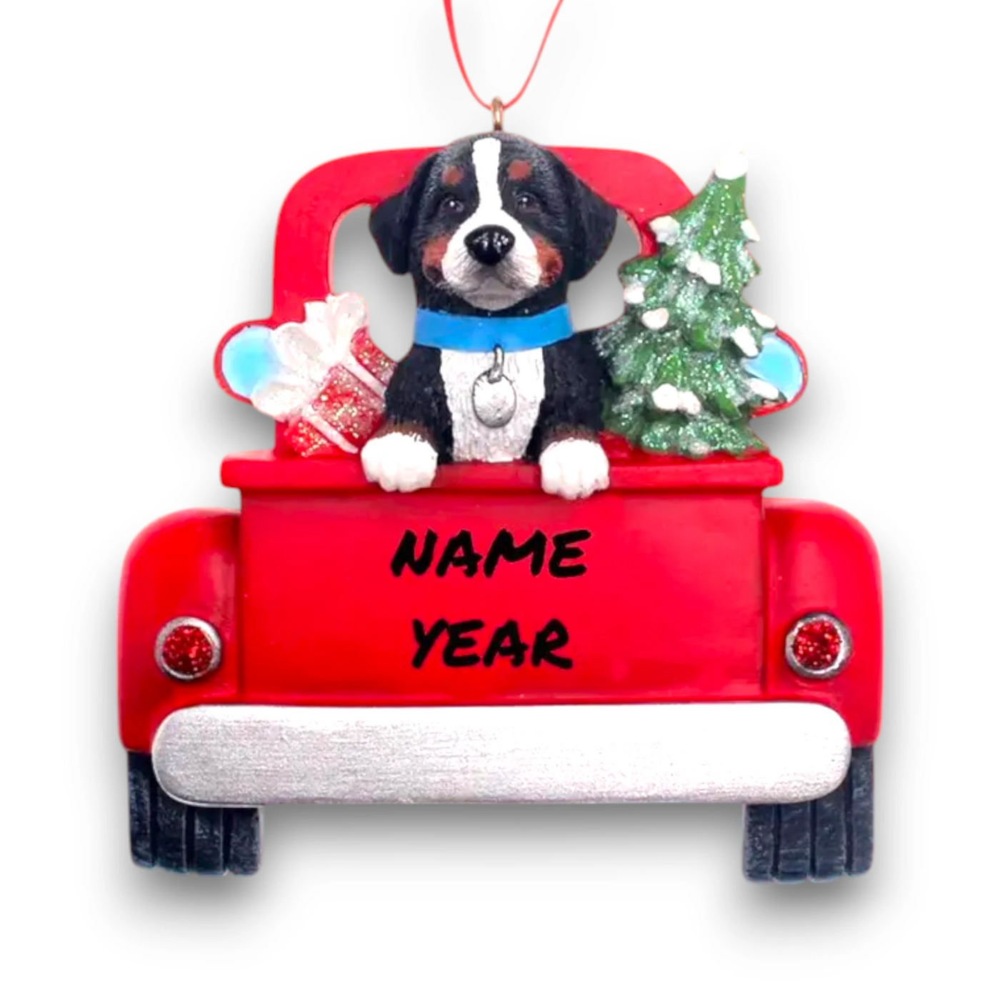 Personalized Bernese Mountain Dog In Back Of Truck Christmas Ornament featuring a Bernese Mountain Dog, festive red truck, Christmas tree, and gift, customizable with name and year.
