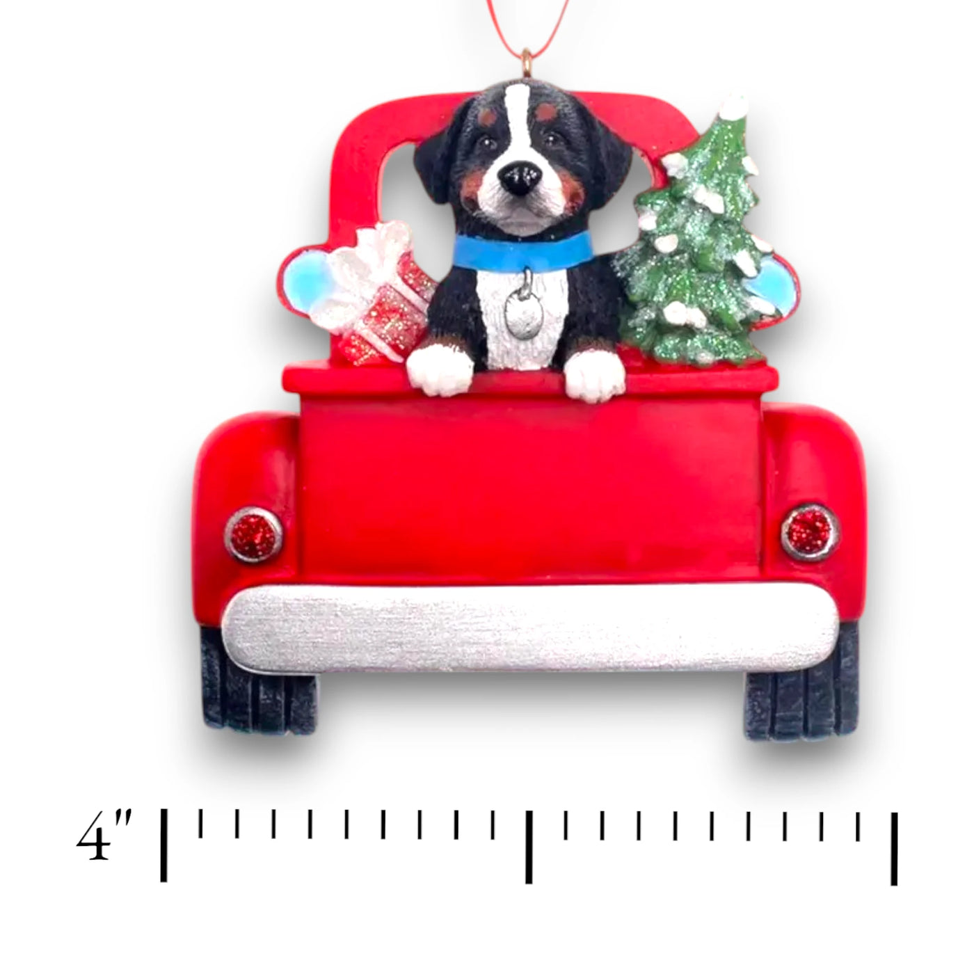 Personalized Bernese Mountain Dog In Back Of Truck Christmas Ornament featuring a Bernese Mountain Dog, festive red truck, Christmas tree, and gift, customizable with name and year.
