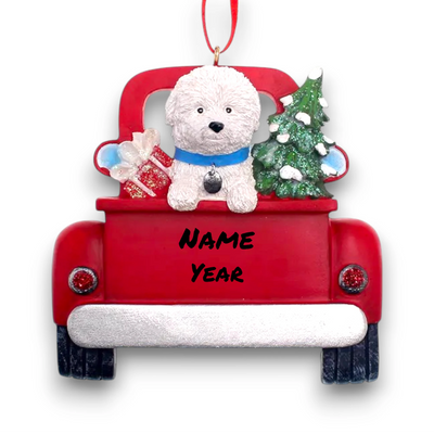 Personalized Bichon Frise In Back Of Truck Christmas Ornament featuring a Bichon Frise, Christmas tree, and gifts in a red truck with customizable name and year.