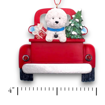 Personalized Bichon Frise In Back Of Truck Christmas Ornament featuring a Bichon Frise, Christmas tree, and gifts in a red truck with customizable name and year.