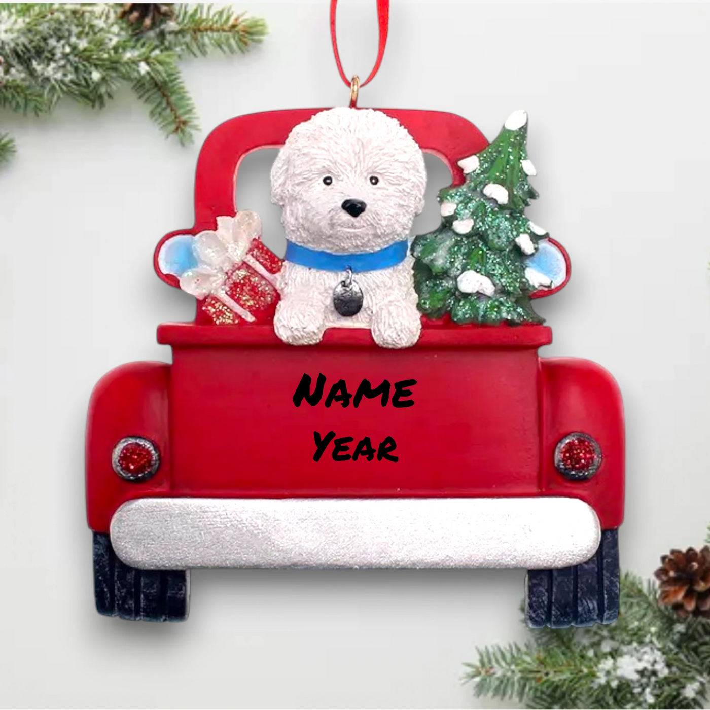 Personalized Bichon Frise In Back Of Truck Christmas Ornament featuring a Bichon Frise, Christmas tree, and gifts in a red truck with customizable name and year.