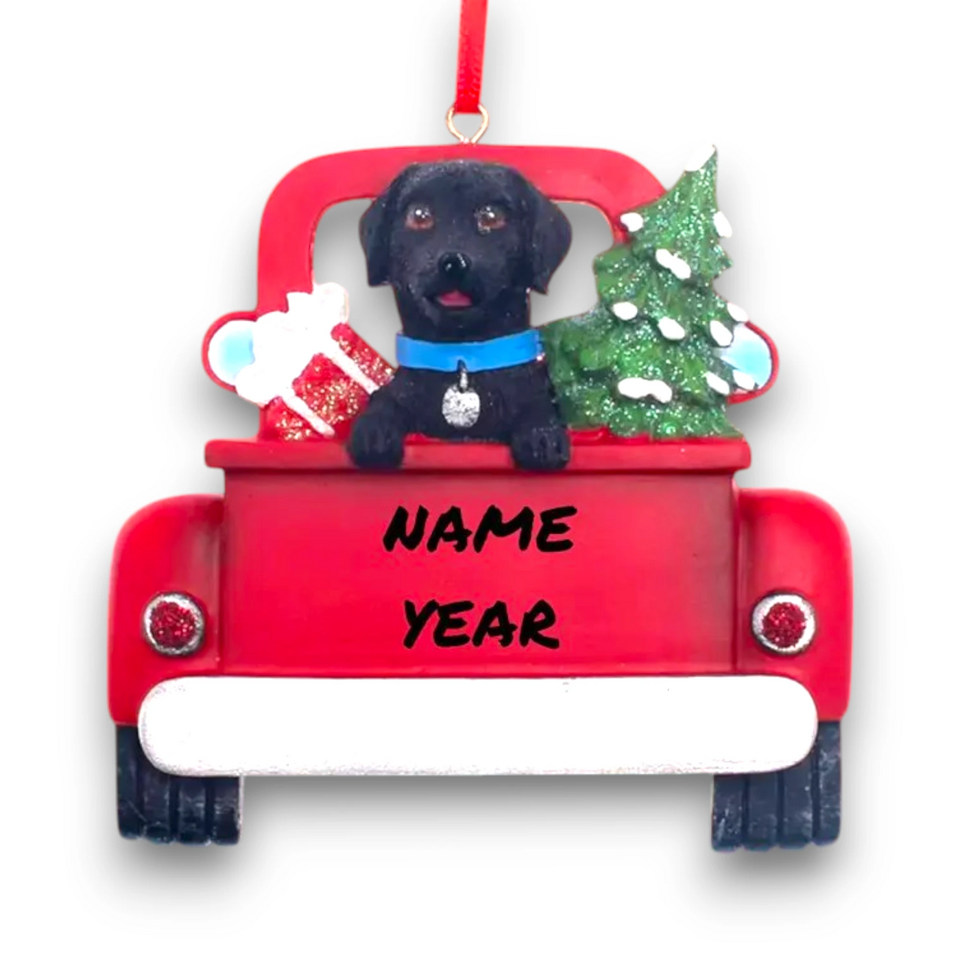 Personalized Black Labrador In Back Of Truck Christmas Ornament featuring a Black Labrador, festive Christmas tree, and holiday gifts in a red truck with customizable name and year.
