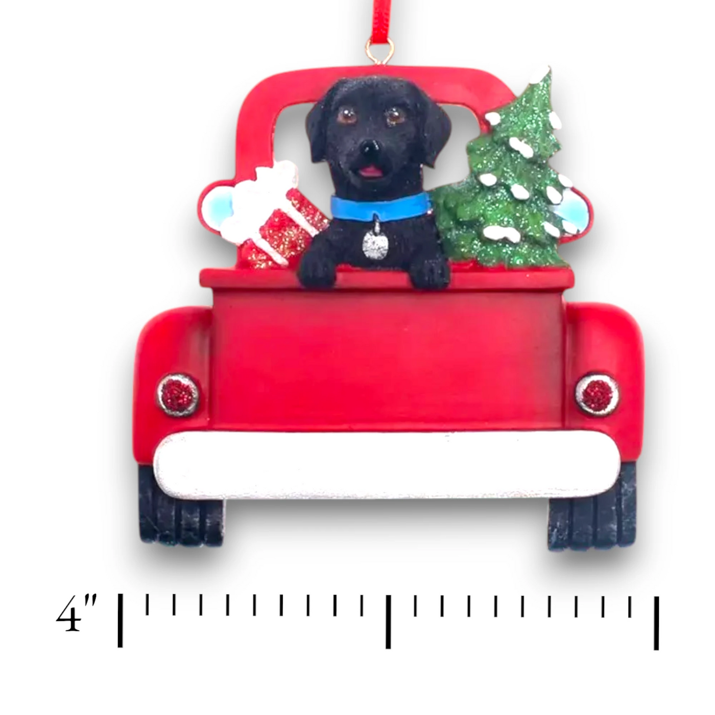 Personalized Black Labrador In Back Of Truck Christmas Ornament featuring a Black Labrador, festive Christmas tree, and holiday gifts in a red truck with customizable name and year.
