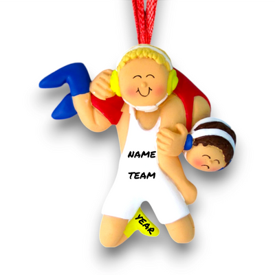 Personalized Blonde Male Wrestling Ornament with Singlet and Ear Guards – Custom Name, Team, and Year Resin Ornament