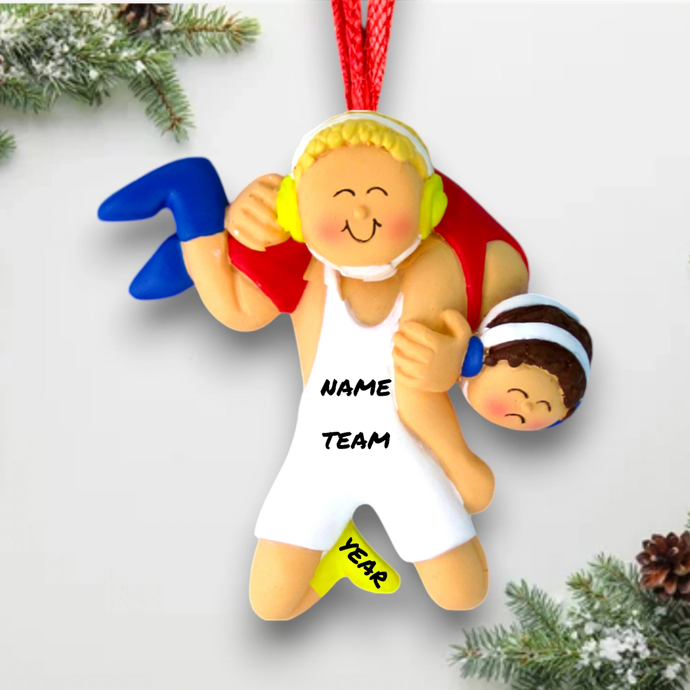 Personalized Blonde Male Wrestling Ornament with Singlet and Ear Guards – Custom Name, Team, and Year Resin Ornament