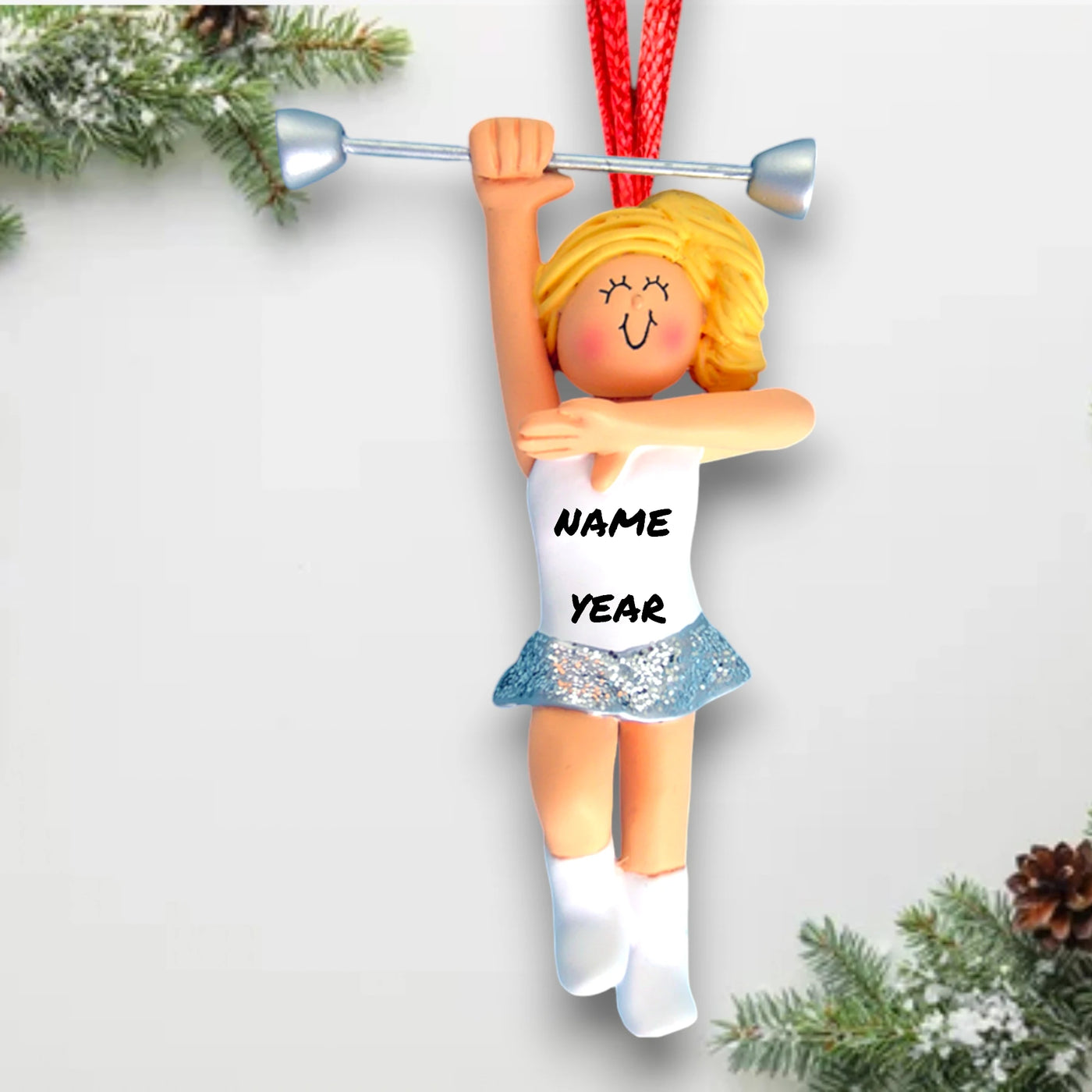 Personalized Blonde Female Baton Twirler Ornament with Custom Name and Year – Resin Christmas Ornament