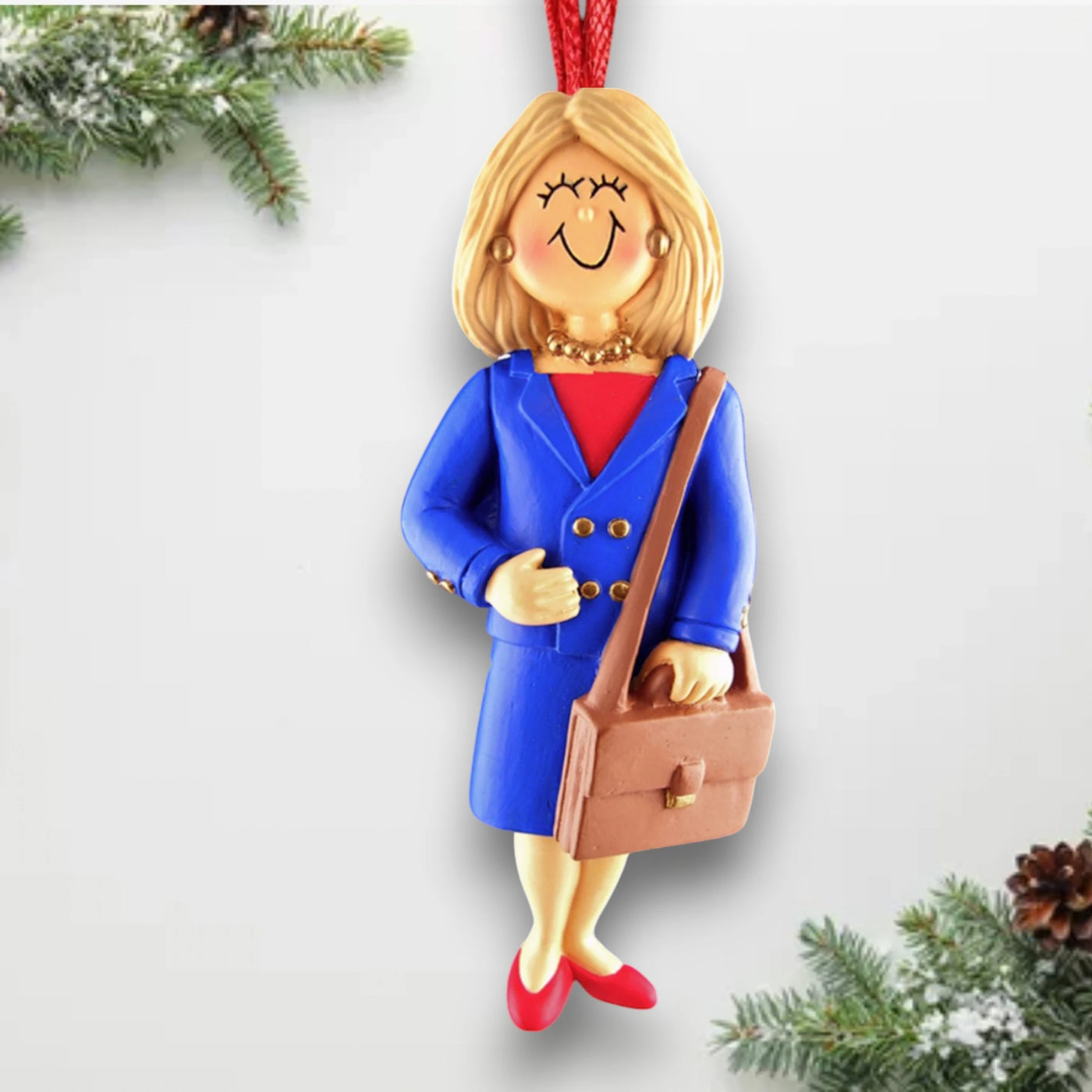 Personalized Blonde Female Business Christmas Ornament in Blue Suit – Custom Name and Year Resin Ornament