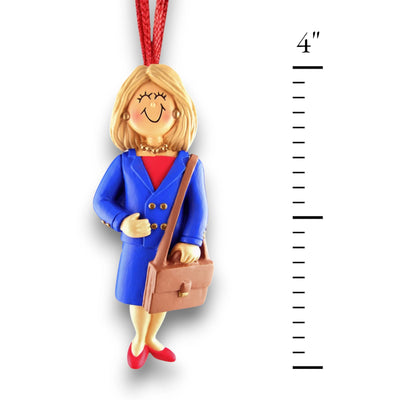 Personalized Blonde Female Business Christmas Ornament in Blue Suit – Custom Name and Year Resin Ornament