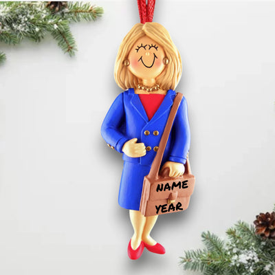 Personalized Blonde Female Business Christmas Ornament in Blue Suit – Custom Name and Year Resin Ornament