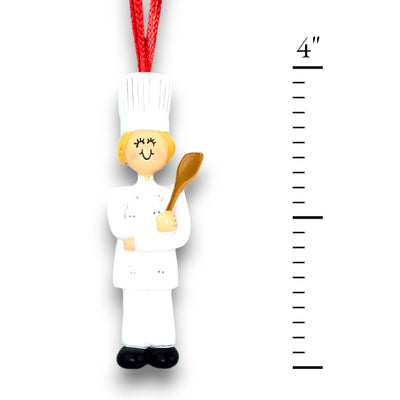 Personalized Blonde Female Chef Christmas Ornament in White Uniform – Custom Name and Year Resin Ornament