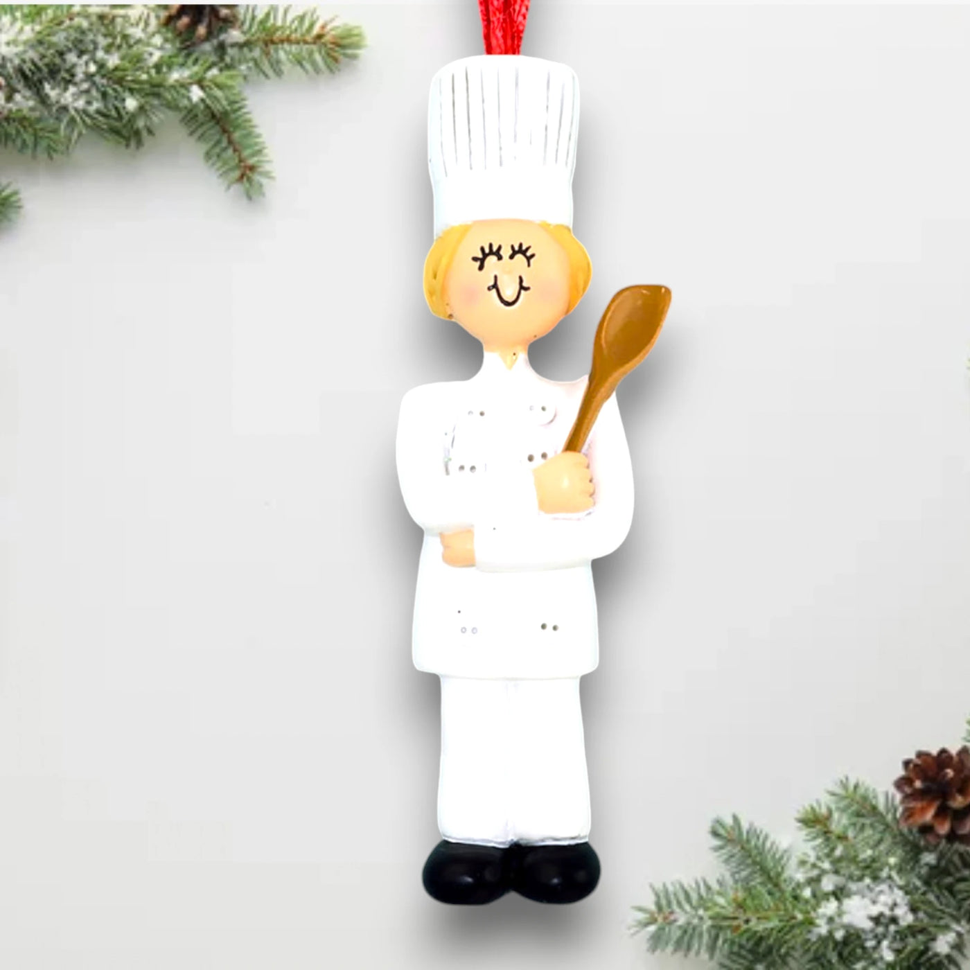 Personalized Blonde Female Chef Christmas Ornament in White Uniform – Custom Name and Year Resin Ornament