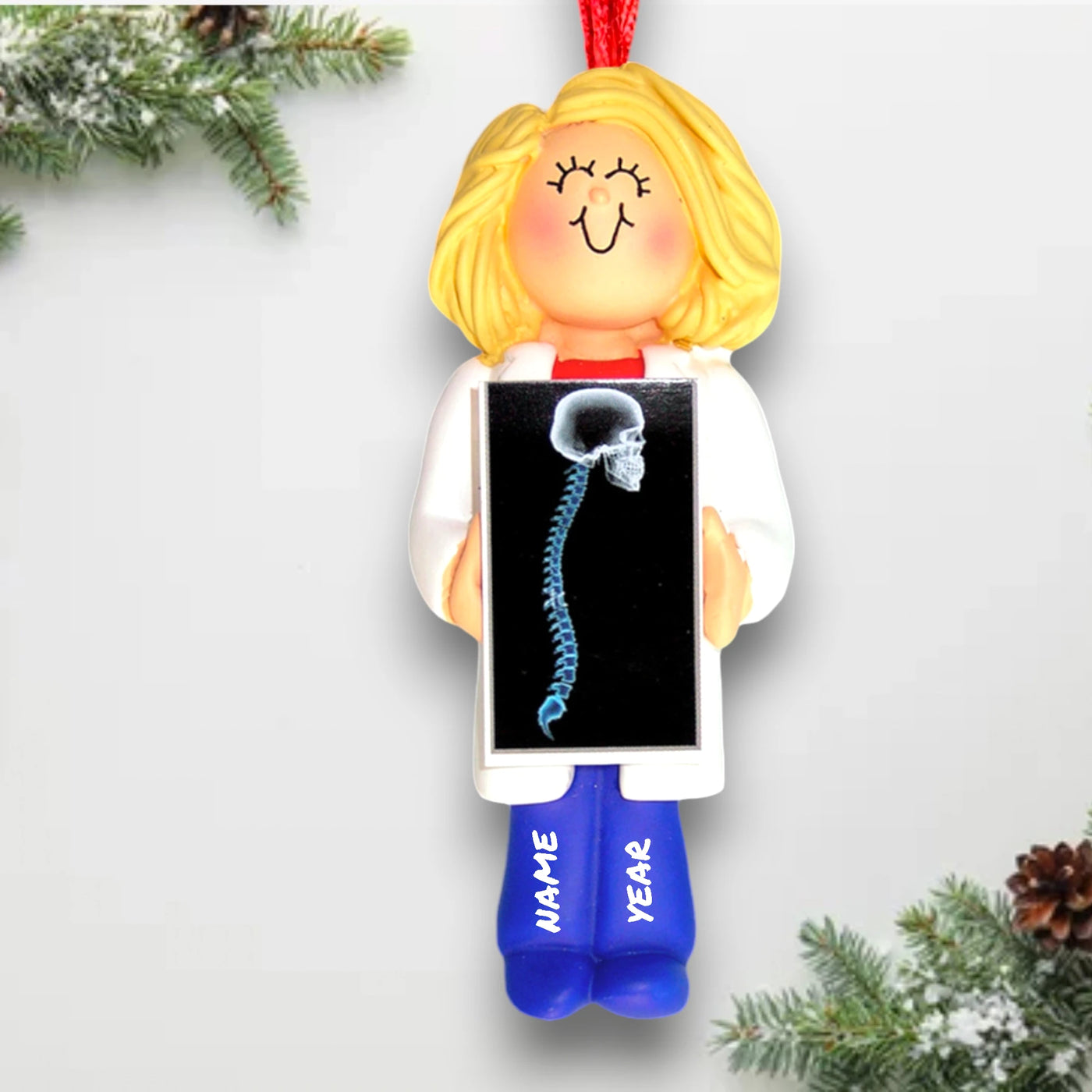 Personalized Blonde Female Chiropractor Christmas Ornament holding X-ray – Custom Name and Year Resin Ornament