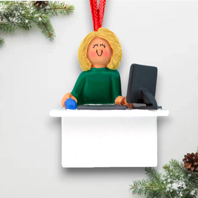 Personalized Blonde Female Computer User Christmas Ornament at desk with computer – Custom Name and Year Resin Ornament