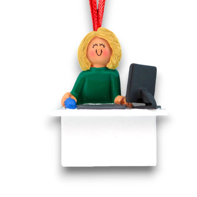 Personalized Blonde Female Computer User Christmas Ornament at desk with computer – Custom Name and Year Resin Ornament