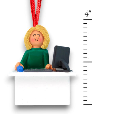 Personalized Blonde Female Computer User Christmas Ornament at desk with computer – Custom Name and Year Resin Ornament