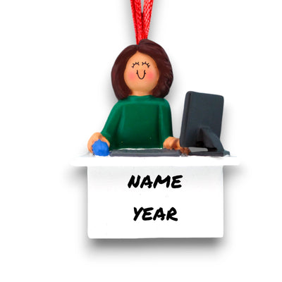 Personalized Brown Female Computer User Christmas Ornament at desk with computer – Custom Name and Year Resin Ornament