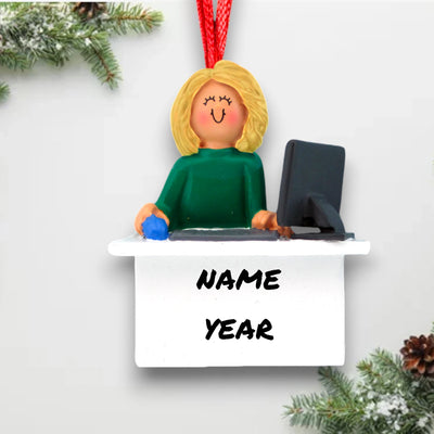 Personalized Blonde Female Computer User Christmas Ornament at desk with computer – Custom Name and Year Resin Ornament