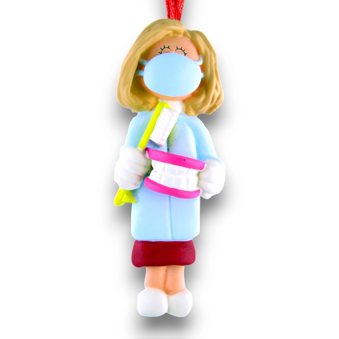 Personalized Blonde Female Dental Christmas Ornament with Mask and Toothbrush – Custom Name and Year Resin Ornament

