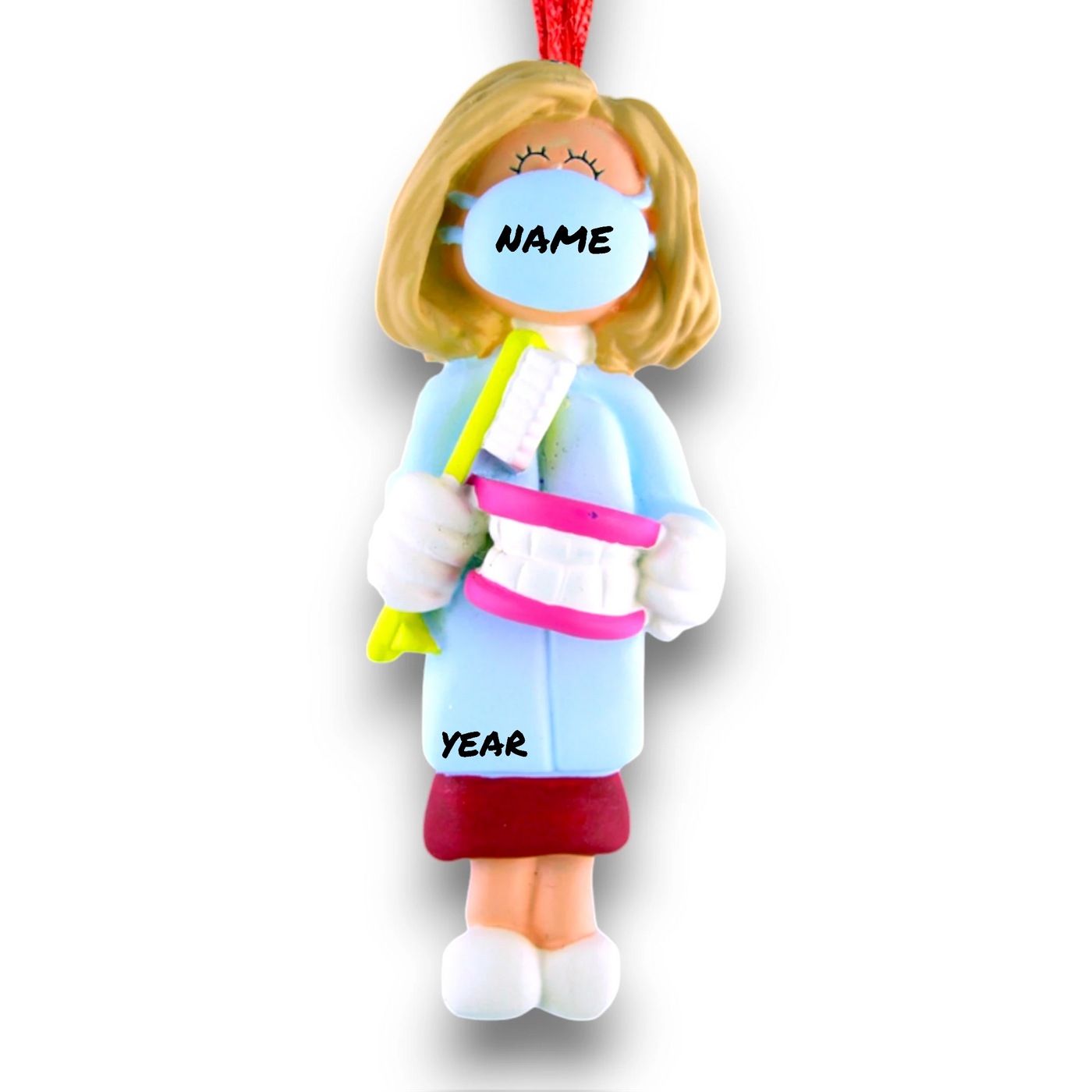 Personalized Blonde Female Dental Christmas Ornament with Mask and Toothbrush – Custom Name and Year Resin Ornament

