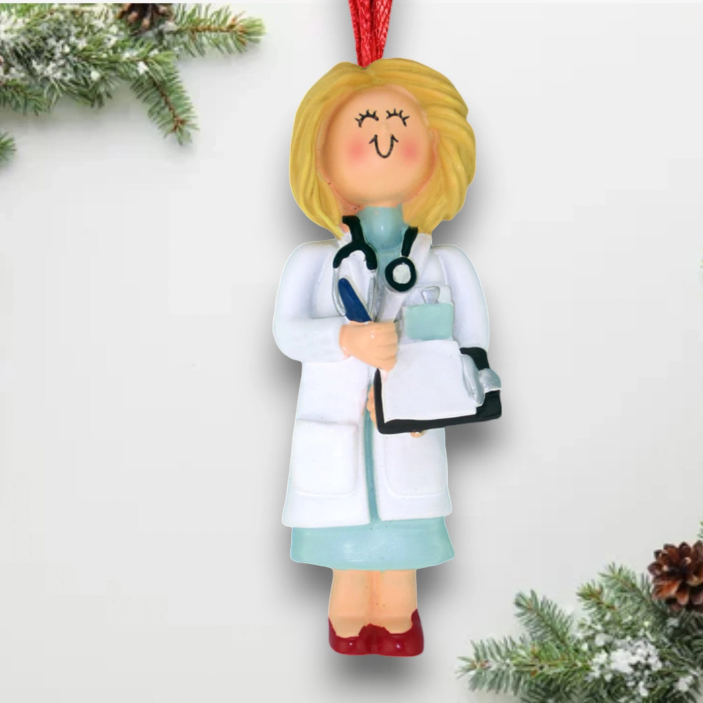 Personalized Blonde Female Doctor Christmas Ornament with Stethoscope and Clipboard – Custom Name and Year Resin Ornament