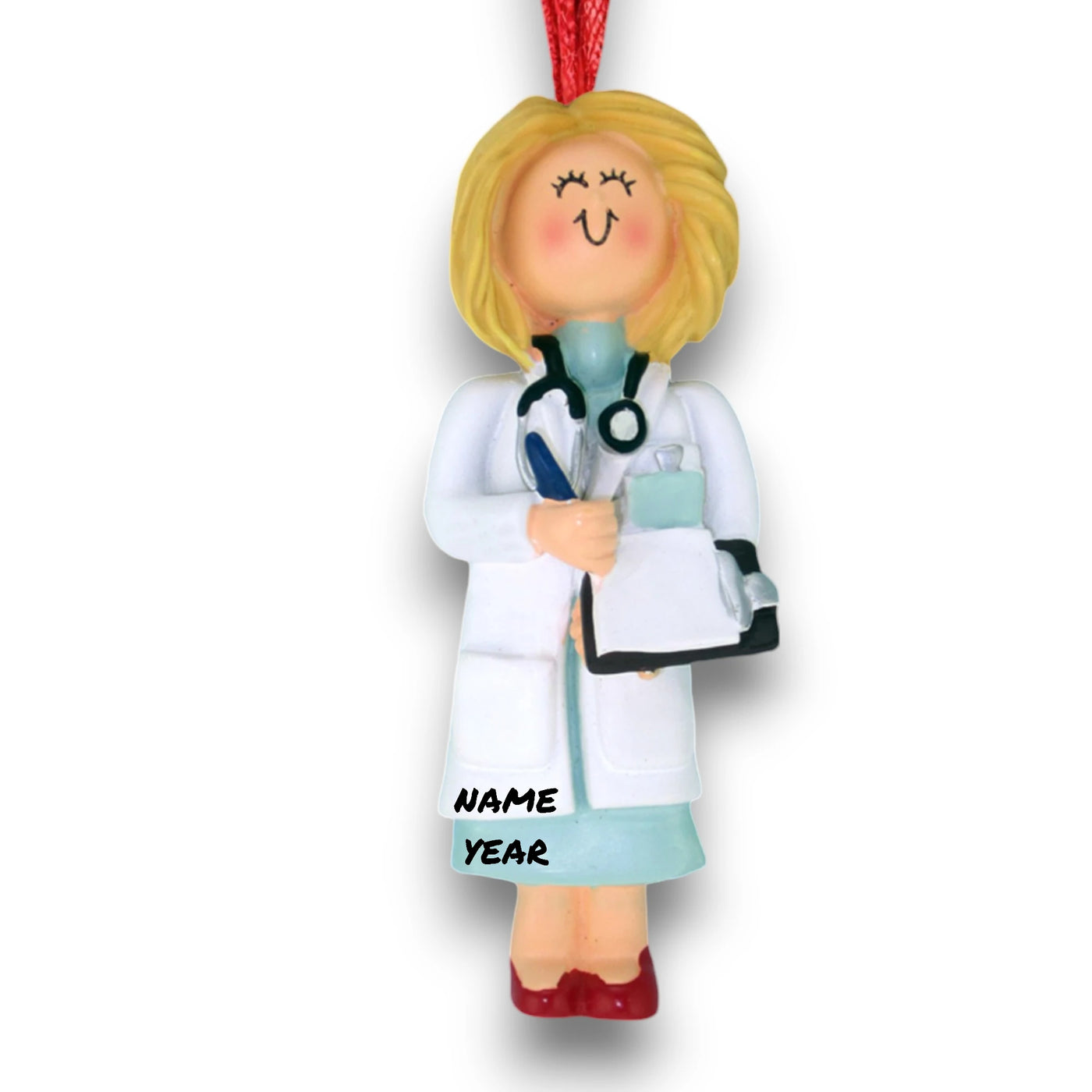 Personalized Blonde Female Doctor Christmas Ornament with Stethoscope and Clipboard – Custom Name and Year Resin Ornament