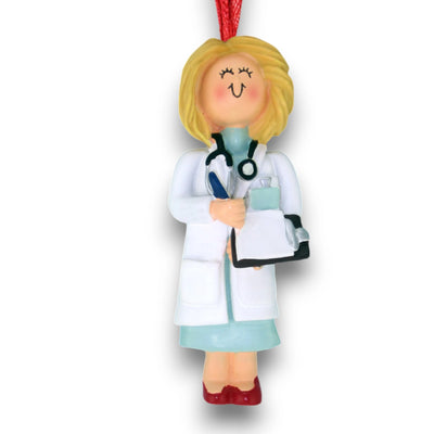 Personalized Blonde Female Doctor Christmas Ornament with Stethoscope and Clipboard – Custom Name and Year Resin Ornament