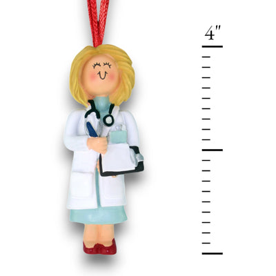 Personalized Blonde Female Doctor Christmas Ornament with Stethoscope and Clipboard – Custom Name and Year Resin Ornament