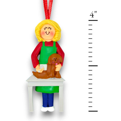 Personalized Blonde Female Dog Groomer Christmas Ornament with Grooming Table – Custom Name and Year Resin Ornament

