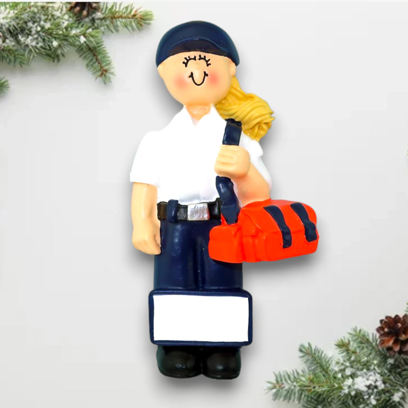 Personalized Blonde Female EMT Christmas Ornament with Emergency Bag – Custom Name and Year Resin Ornament

