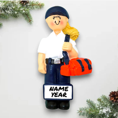 Personalized Blonde Female EMT Christmas Ornament with Emergency Bag – Custom Name and Year Resin Ornament

