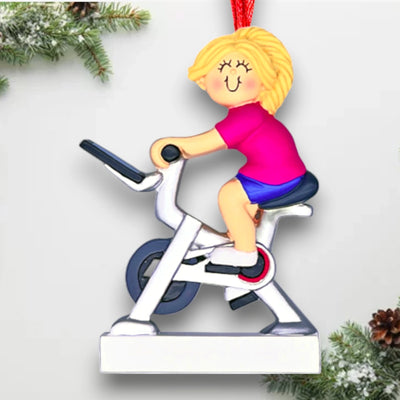 Personalized Blonde Female Exercise Bike Ornament with Custom Name and Year – Resin Christmas Ornament