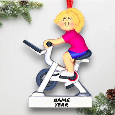 Personalized Blonde Female Exercise Bike Ornament with Custom Name and Year – Resin Christmas Ornament