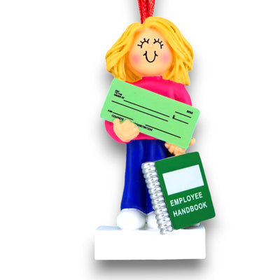 Personalized Blonde Female First New Job Christmas Ornament with Paycheck and Handbook – Custom Name, Year, and Message