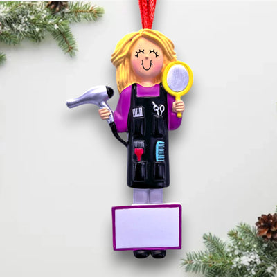 Personalized Blonde Female Hair Stylist Christmas Ornament with Hairdryer and Mirror – Custom Name and Year Resin Ornament

