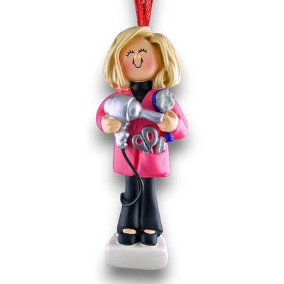 Personalized Blonde Female Hairdresser Christmas Ornament with Hairdryer and Scissors – Custom Name and Year Resin Ornament

