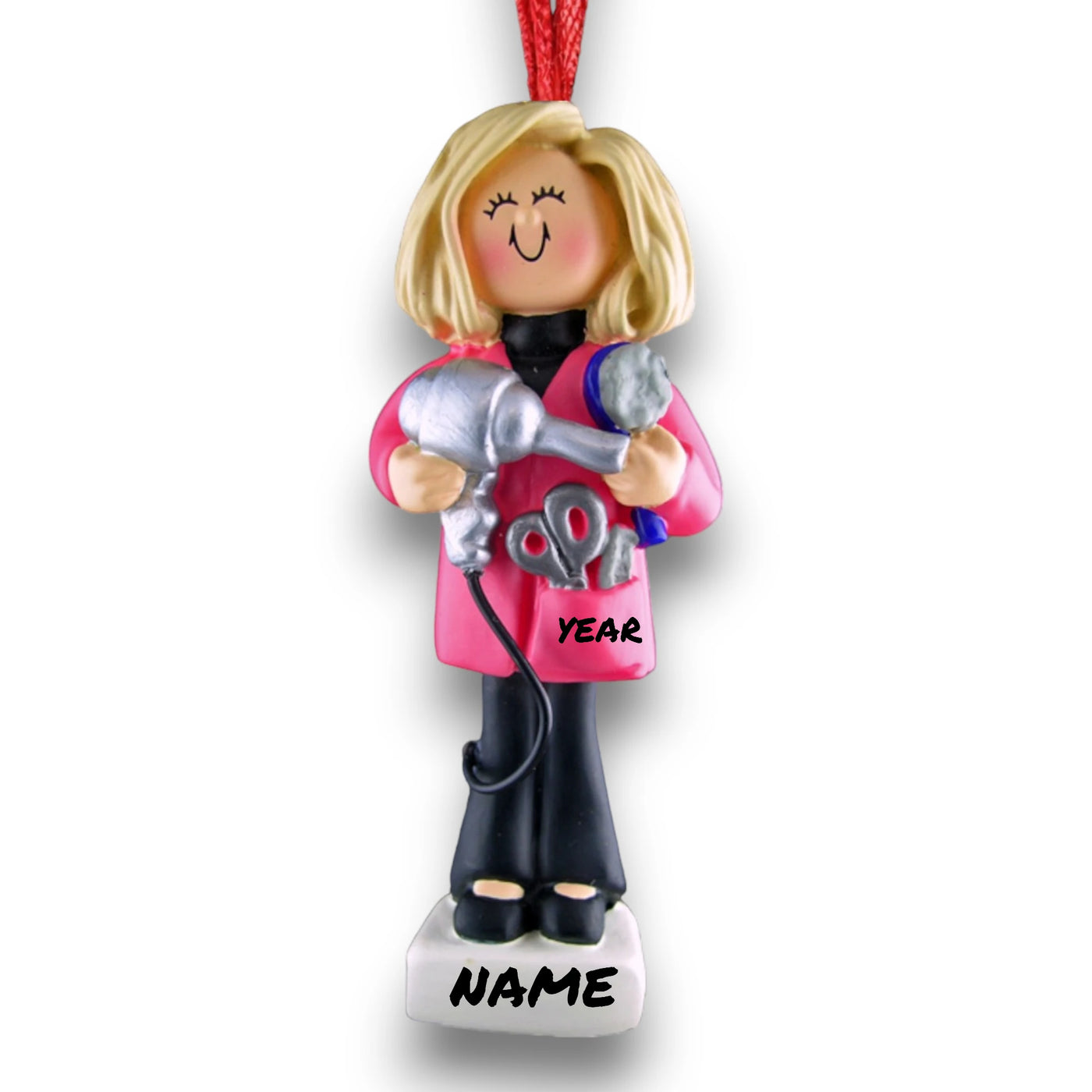 Personalized Blonde Female Hairdresser Christmas Ornament with Hairdryer and Scissors – Custom Name and Year Resin Ornament
